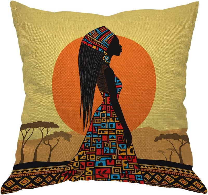 Moslion African Pillow Cover African Woman in a Bohemian Dress Ethnic Throw Pillow Case 18x18 inch Cotton Linen Square Cushion Decorative Cover Sofa Bed Yellow Black - Image 1